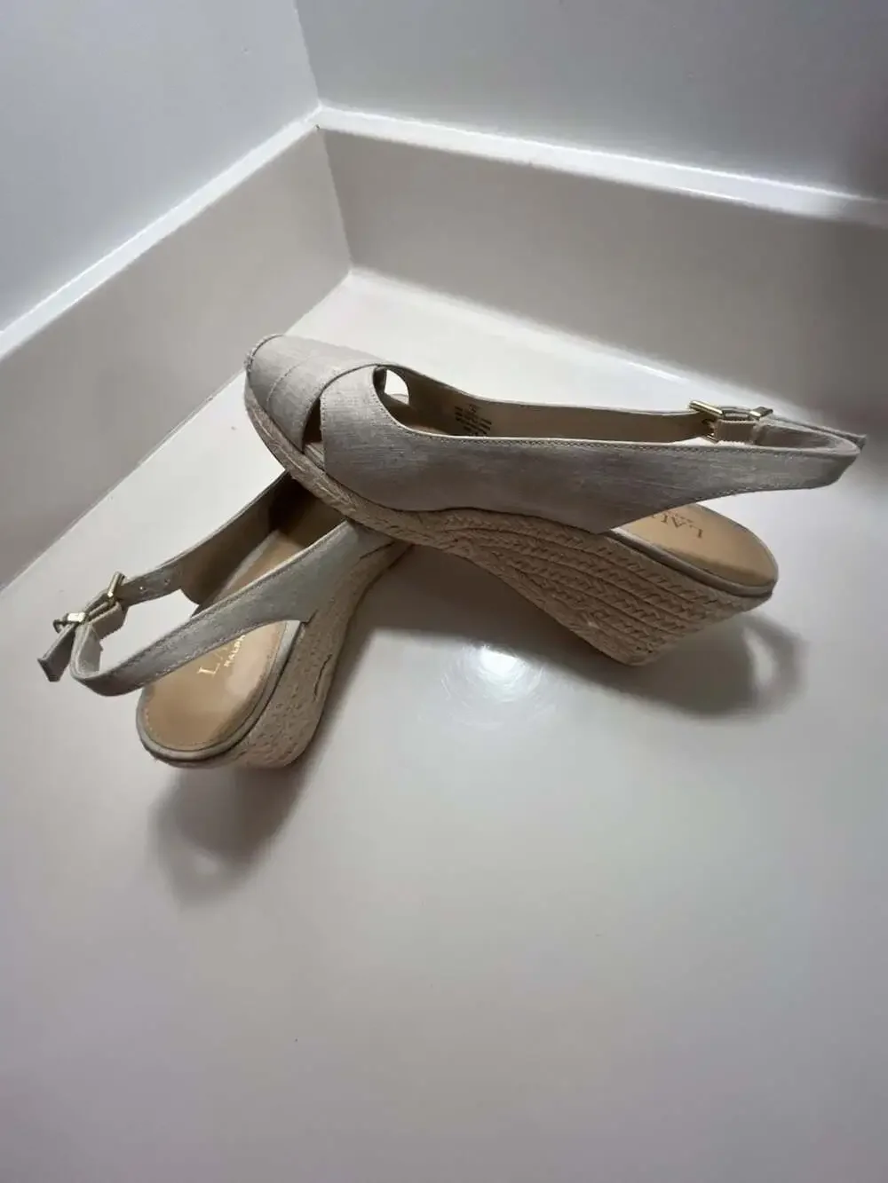 Lauren Ralph Lauren Beige Linen Slingback Wedge Espadrille Sandals